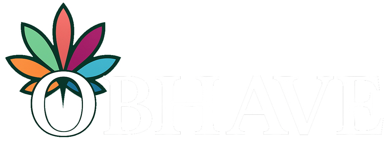OBHAVE horizontal logo with a colorful floral emblem integrated into the “O” and the brand name in dark green serif font.
