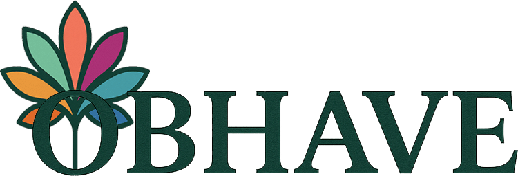 OBHAVE horizontal logo with a colorful floral emblem integrated into the “O” and the brand name in dark green serif font.