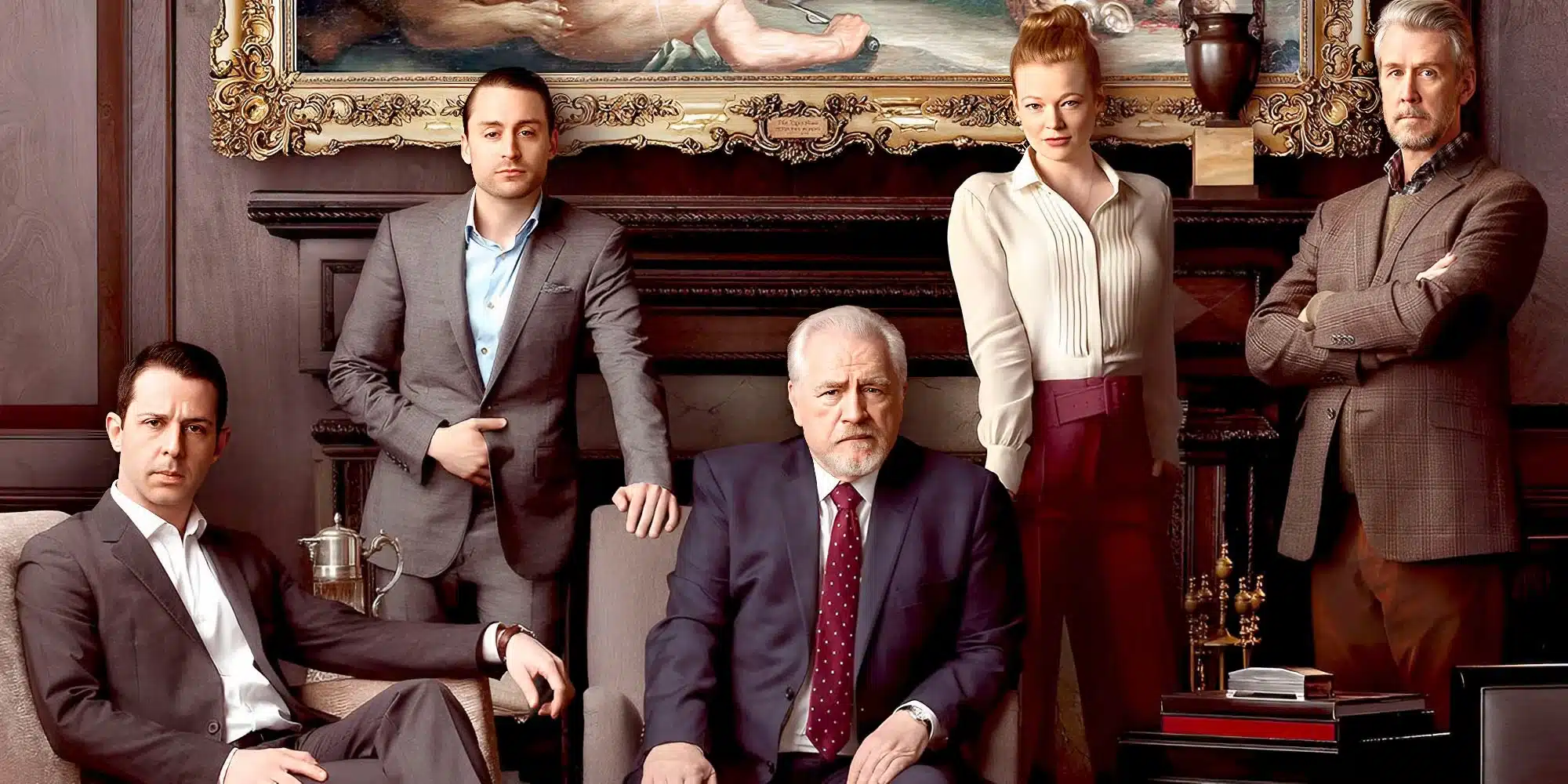 Five characters from HBO's Succession, dressed in formal attire, embodying corporate power dynamics and patriarchal dominance in a lavish, wood-paneled setting.